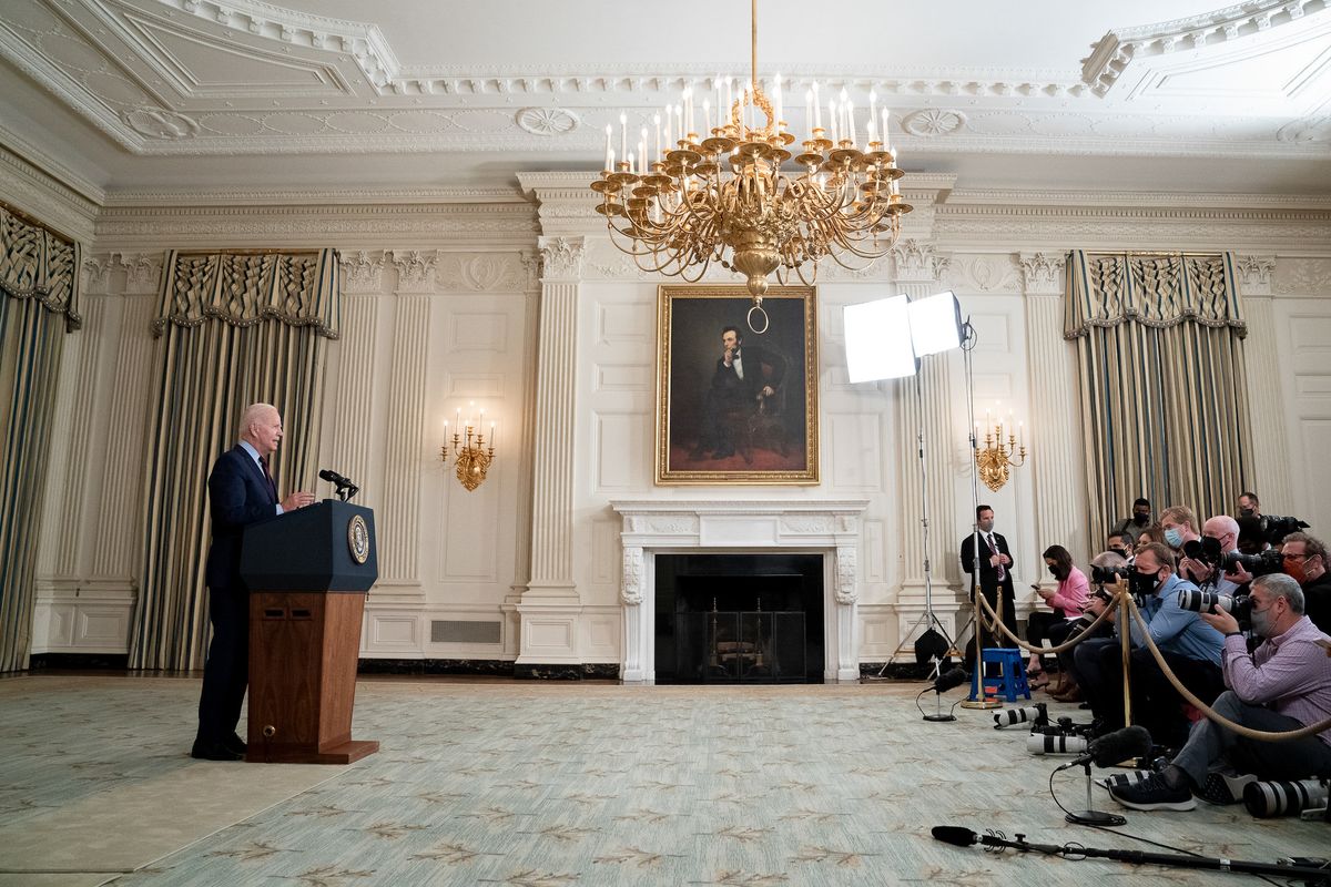 US president Joe Biden during a press conference in the State Dining Room of the White House in October 2021 Official White House photo by Erin Scott, via Flickr