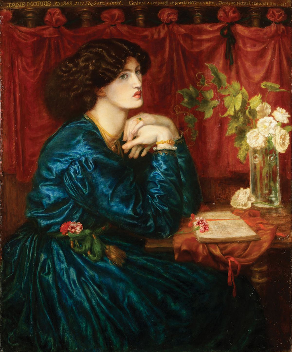 Rossetti’s 1868 painting Blue Silk Dress (Jane Morris). The artist would later add the copper hair of his late wife to a painting of Morris as Proserpine, the queen of the underworld © Society of Antiquaries of London; Kelmscott Manor