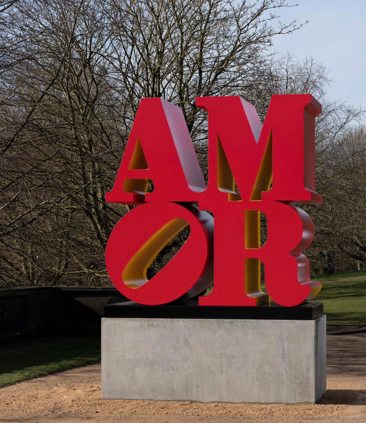 Robert Indiana, AMOR (Red Yellow), (1998-2006), installation view at Yorkshire Sculpture Park, 2022. Photo: © Jonty Wilde, courtesy of Yorkshire Sculpture Park. Artwork: © 2022 Morgan Art Foundation Ltd./ Artists Rights Society (ARS), New York/DACS, London