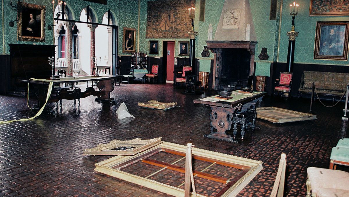 An FBI photograph of the crime scene after the 1990 Isabella Stewart Gardner Museum robbery show empty frames laying on the floor Courtesy of Netflix