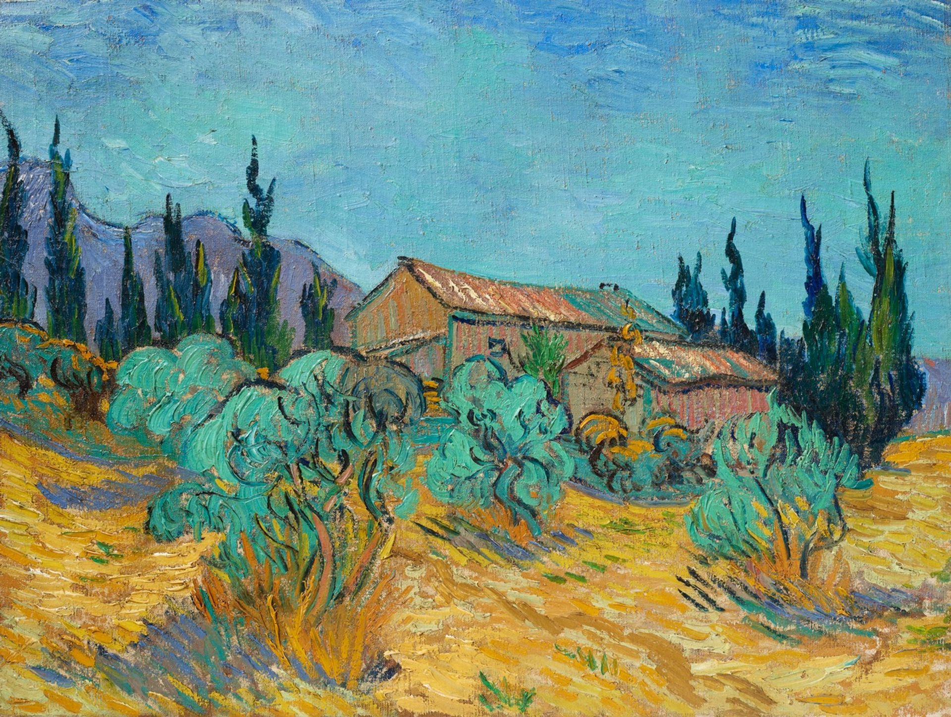 Van Gogh’s Wooden Cabins among the Olive Trees and Cypresses (Cabanes de bois parmi les oliviers et cyprès)(October 1889) © Christie’s Images Ltd 2021