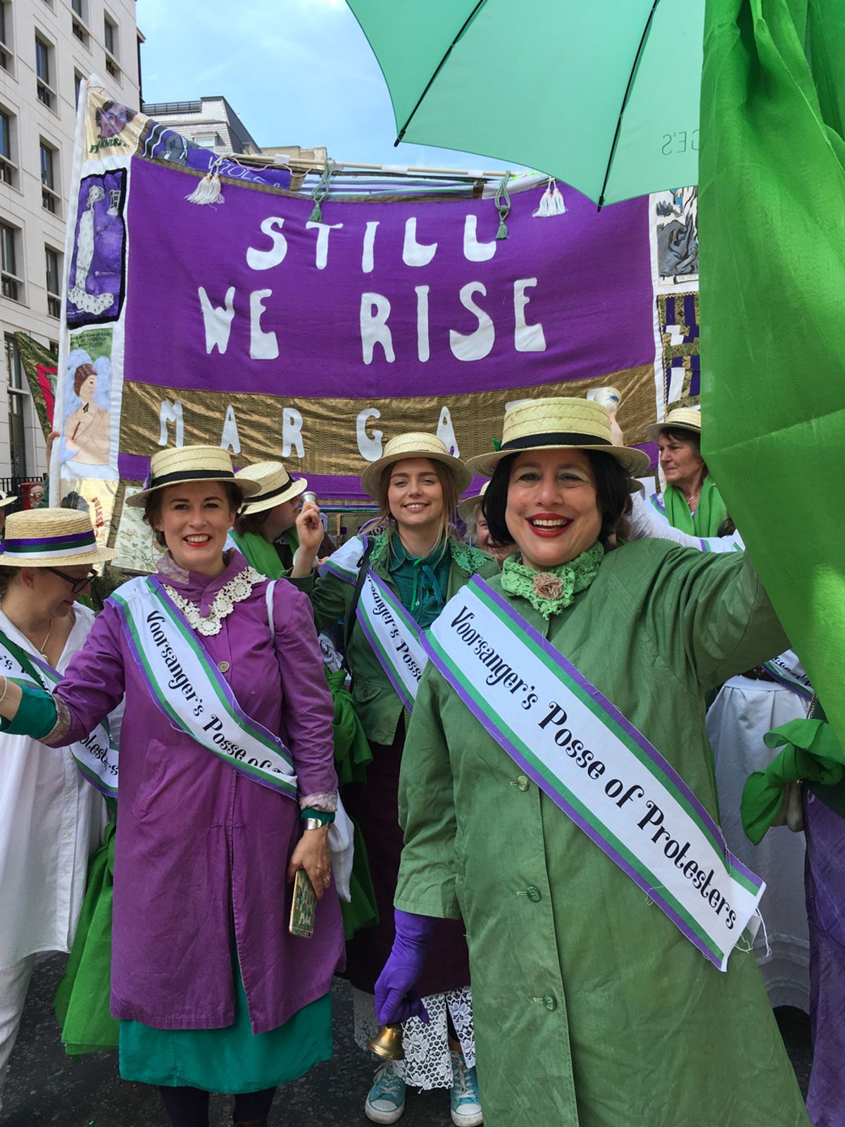 The artist Jessica Voorsanger (right) and her posse, resplendent in the colours of the suffragettes Louisa Buck