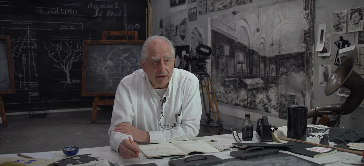 A still from William Kentridge's video explaining his new film City Deep (2020) Courtesy of Goodman Gallery