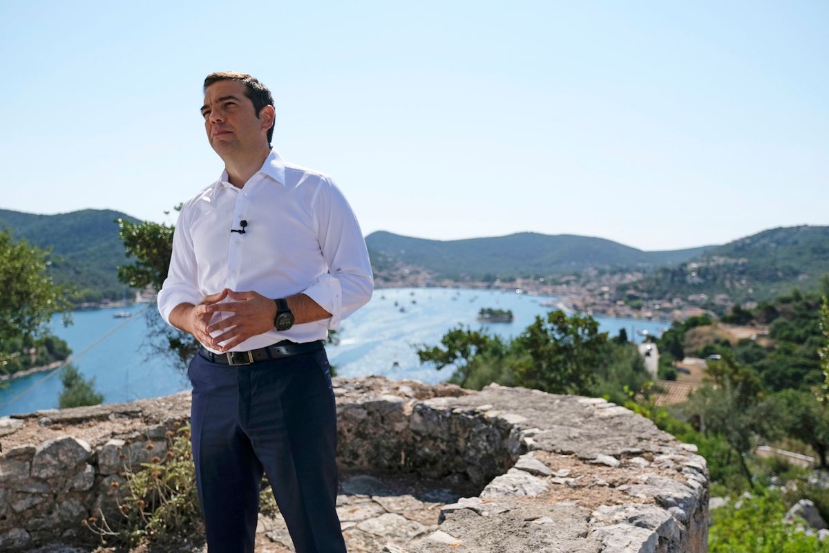 Prime Minister Alexis Tsipras stands on a hill in Ithaca overlooking the bay that the mythological hero Odysseus returned to after his ten-year voyage home Courtesy of the Greek government