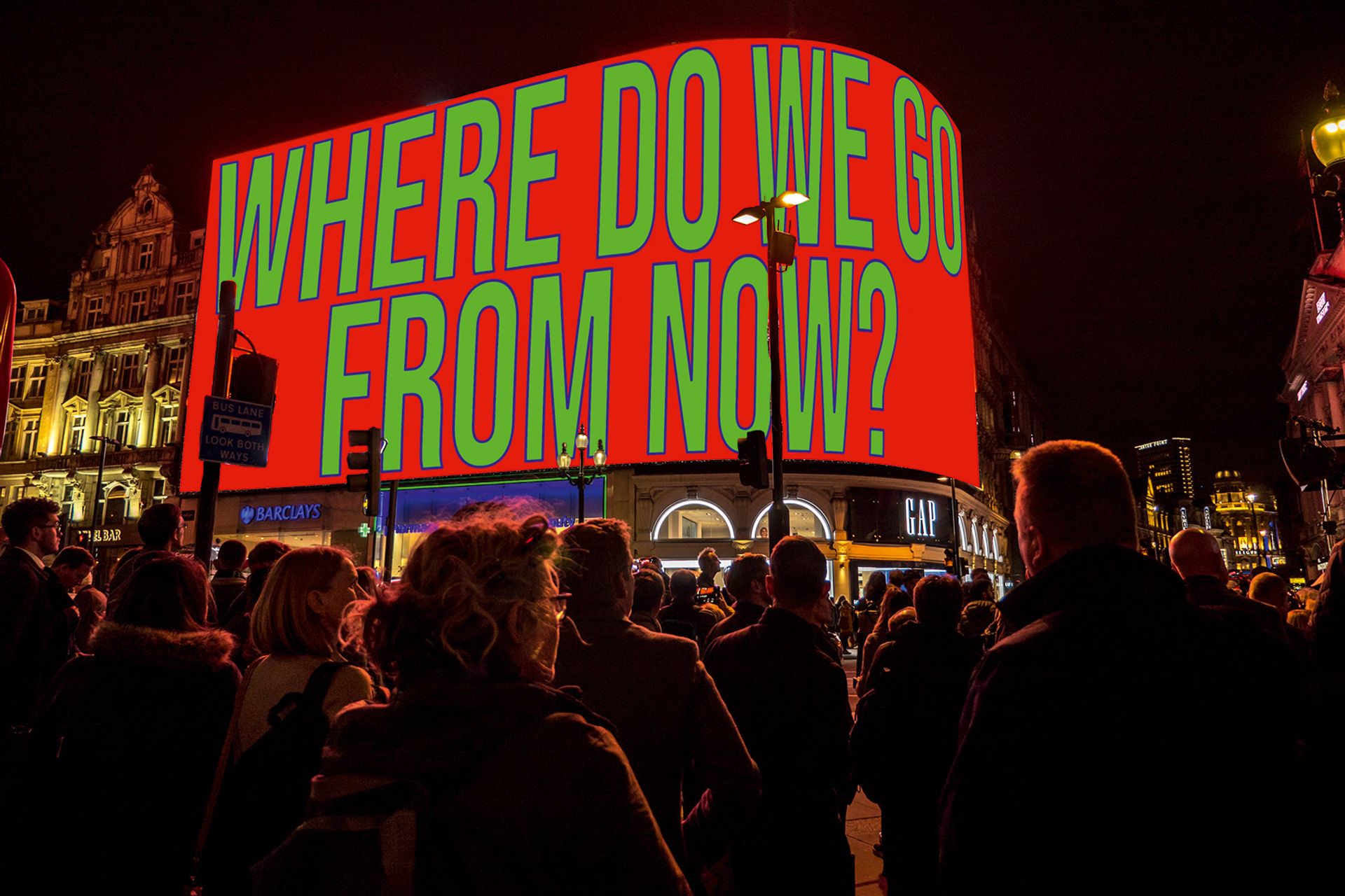 The big screen at Piccadilly Circus; the audience was later treated to an appearance by Marina Abramović Courtesy of Reece Watson / Circa Art Ltd