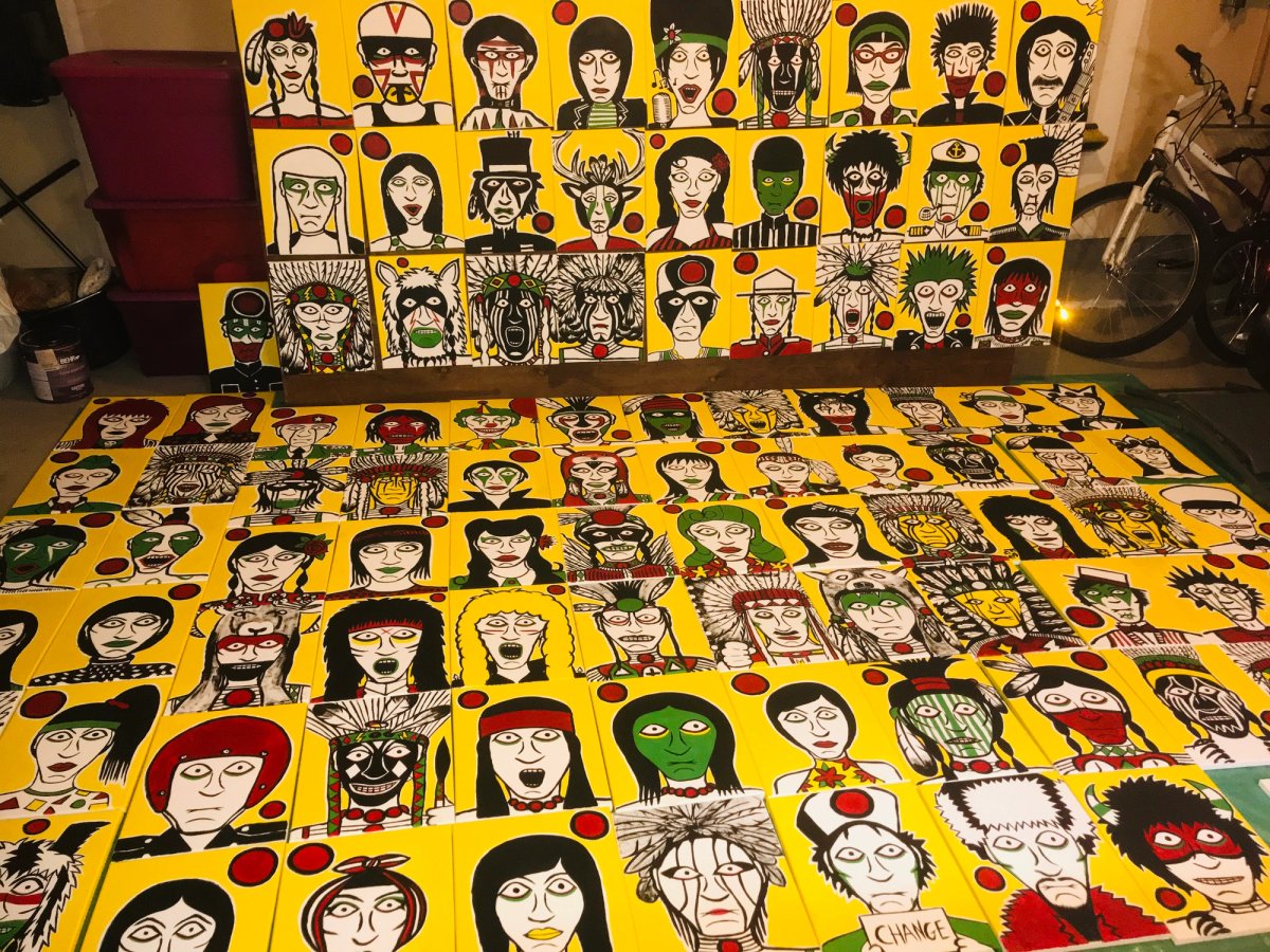 The artist Johnny Bandura says he thought about his own young children as he painted the portraits, all set against a yellow backdrop with features etched in black and white, punctuated by vivid reds and greens