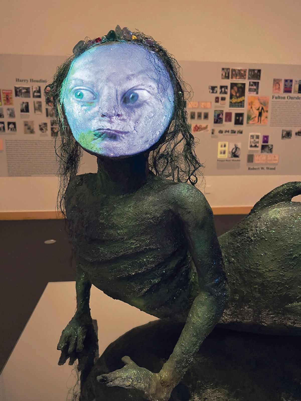 A fibreglass Merma (2022), incorporating a video projection performance by Dominique Bousquet, is part of Tony Oursler’s Creature Features installation Tony Oursler