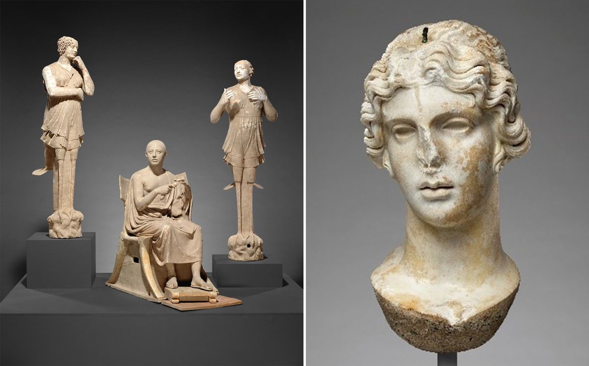 Left: Sculptural Group of a Seated Poet and Sirens with unjoined fragmentary curls and shells, 350-300BCE; right: Colossal Head of a Divinity, 2nd century CE Courtesy J. Paul Getty Museum, Los Angeles