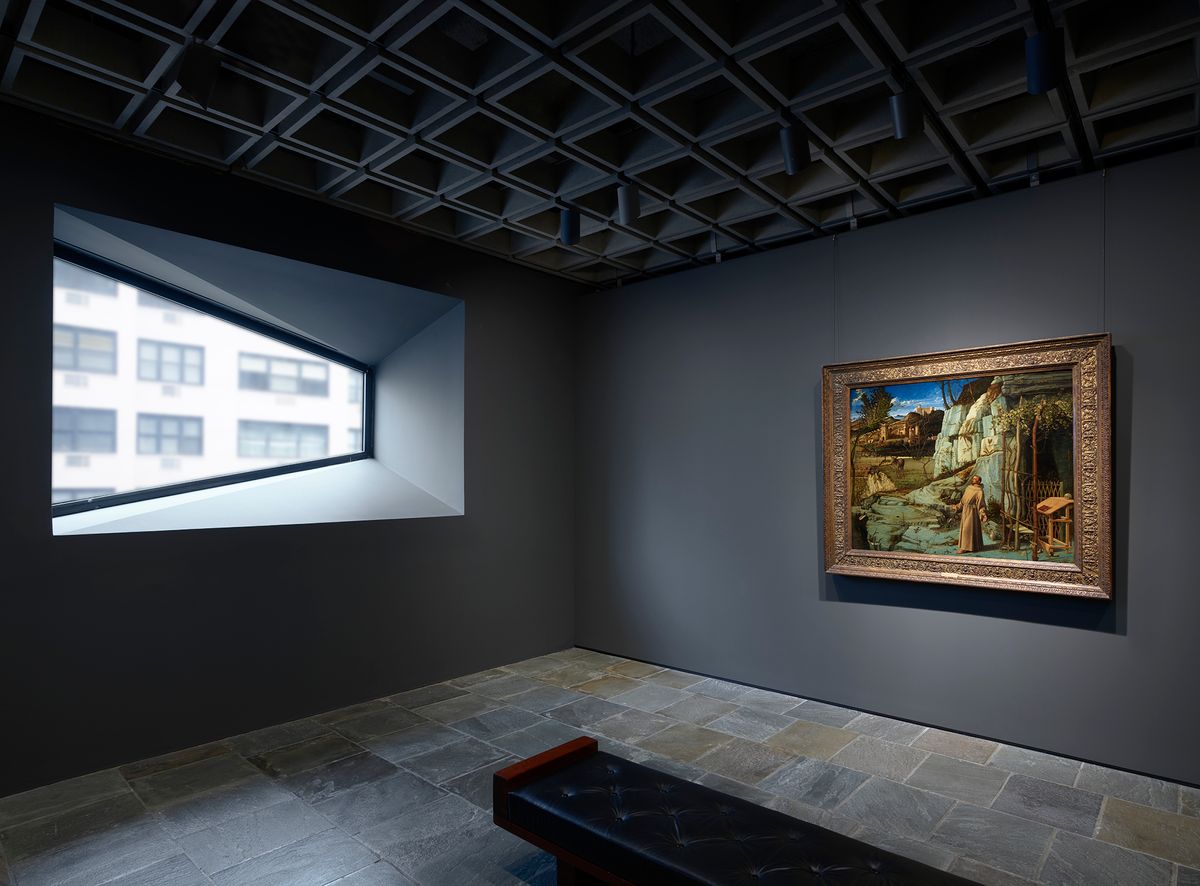 Bellini's St. Francis in the Desert, from around 1476–78, stands in start contrast to the Brutalist window of the Breuer building Courtesy of the Frick Collection; photo: Joe Coscia