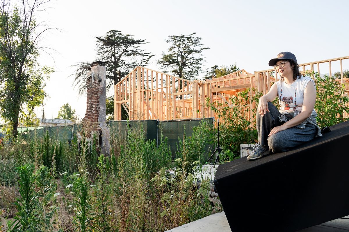 Kelly Akashi at the site where her house and studio once stood in Altadena, California Photo: Star Montana, courtesy of Los Angeles Nomadic Division