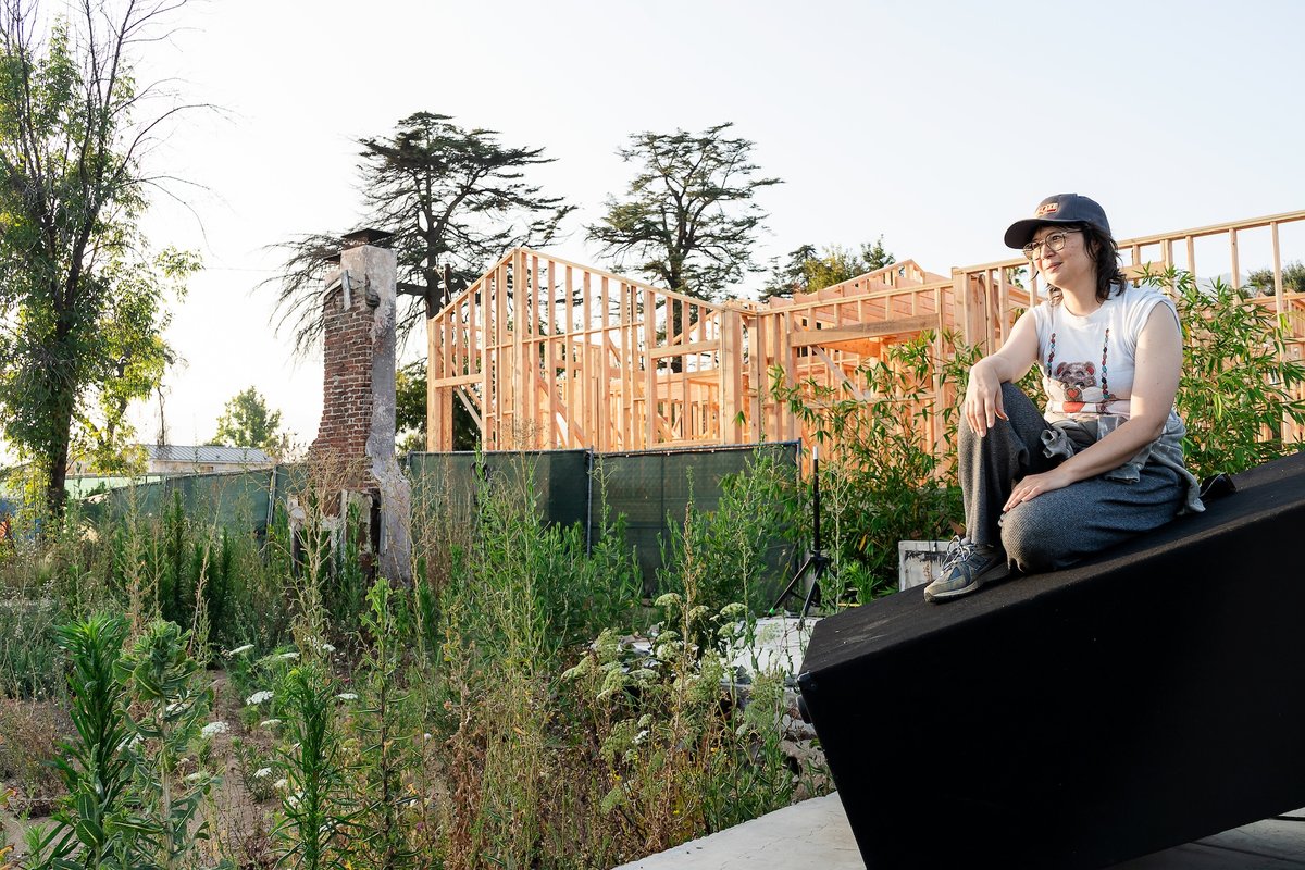 Kelly Akashi at the site where her house and studio once stood in Altadena, California Photo: Star Montana, courtesy of Los Angeles Nomadic Division
