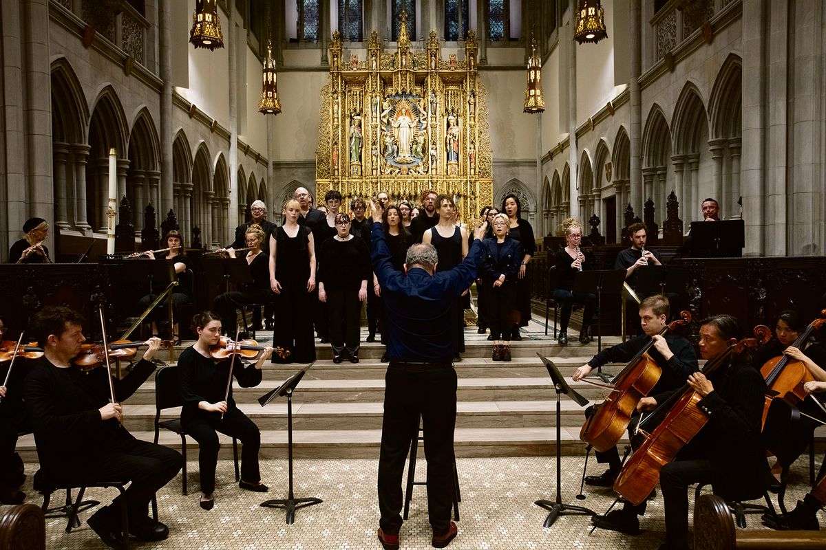 The S.E.M. Ensemble stands in silence during a performance of Yves Klein’s Monotone-Silence Symphony
Courtesy Lévy Gorvy Dayan