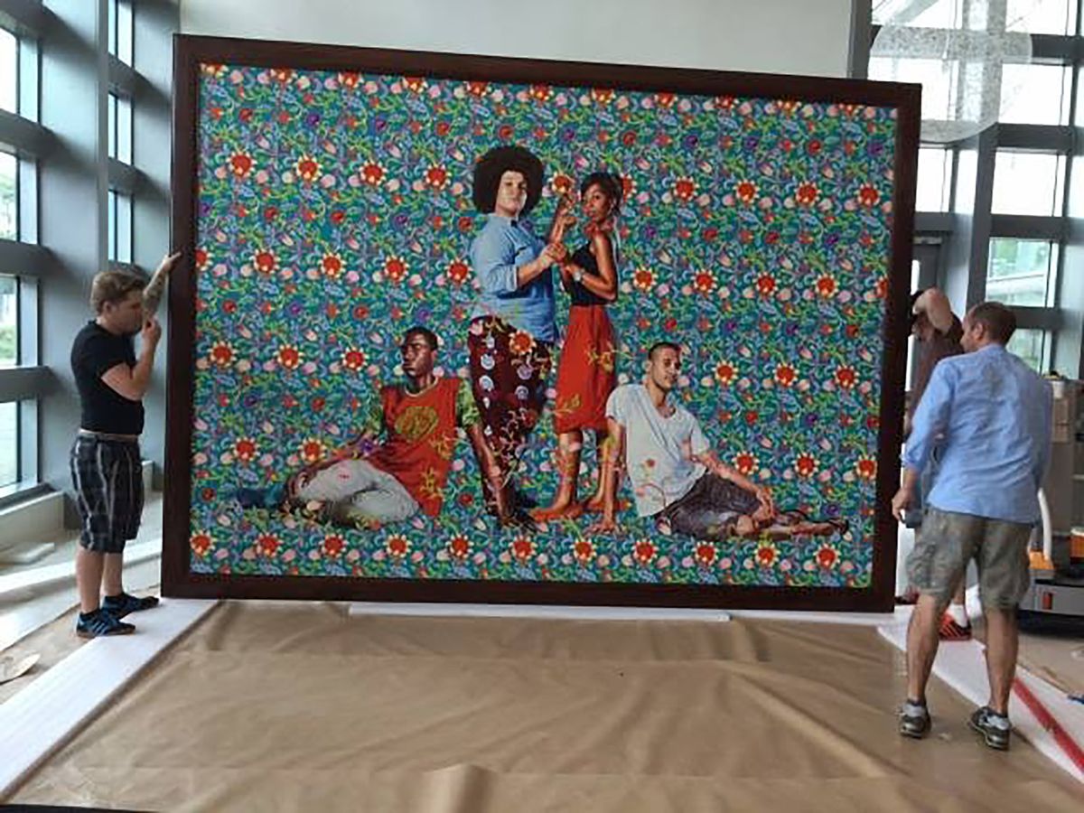 Kehinde Wiley's Young Artists After Siamesas 1960 (2015) being installed at the US embassy in Santo Domingo, Dominican Republic, in 2015 Photo courtesy Roberts & Tilton, Art in Embassies, US Department of State