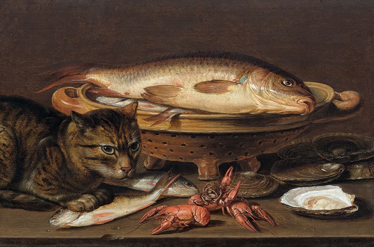 Clara Peeters, Still life with cat, fish, oysters and crayfish (date unknown) Koller