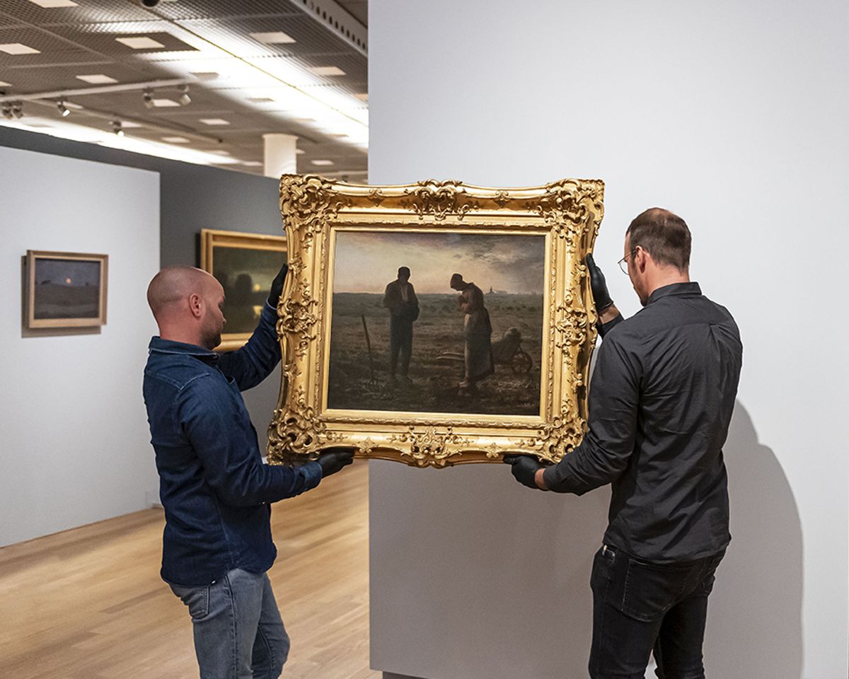 Jean-François Millet’s The Angelus (1857-59) being hung at the Van Gogh Museum, Amsterdam, on loan from the Musée d’Orsay, Paris Photo: Jan-Kees Steenman/SeeItYourself