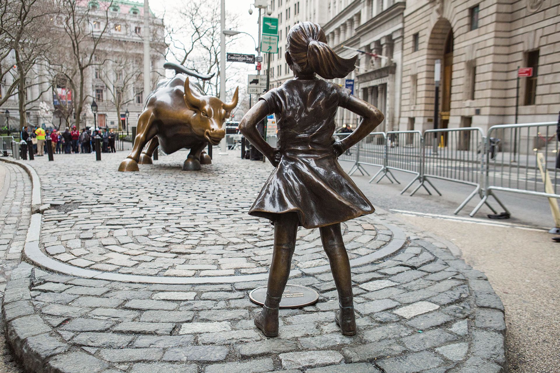 Kristen Visbal’s sculpture was installed opposite Charging Bull in the Financial District on Women’s Day in 2017 Photo by Anthony Quintano/Flickr Commons