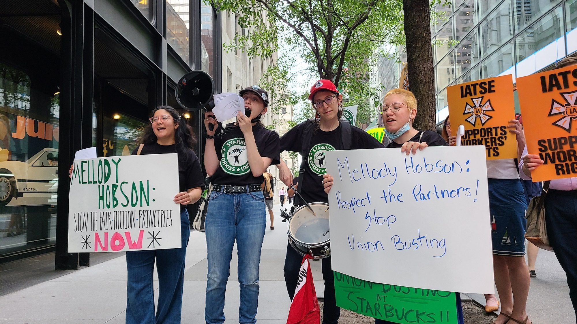 Starbucks workers and their supporters rally outside the Museum of Modern Art's Party in the Garden gala Courtesy of Workers United NY NJ Regional Joint Board