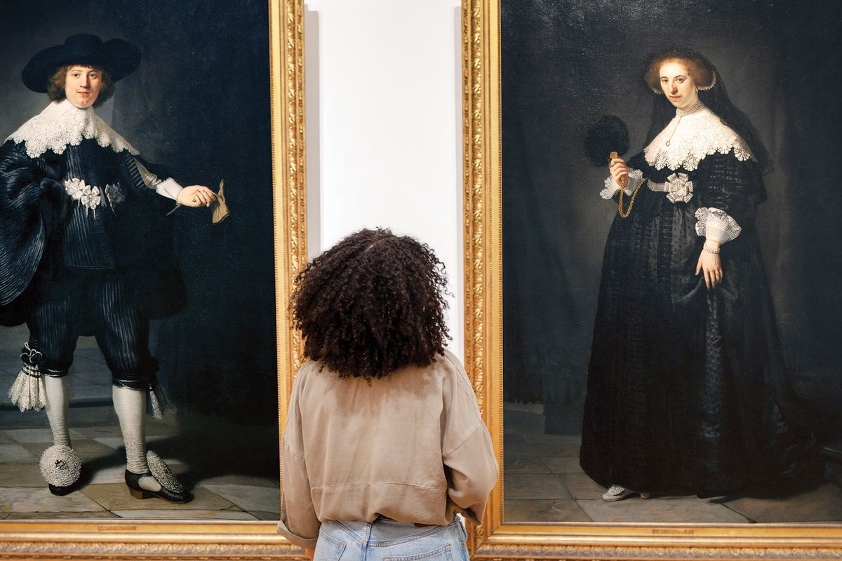 Rembrandt’s life-sized portraits of wealthy Dutch couple Marten and Oopjen (1634), prompt visitors to the exhibition to ponder the source of their wealth Rijksmuseum
