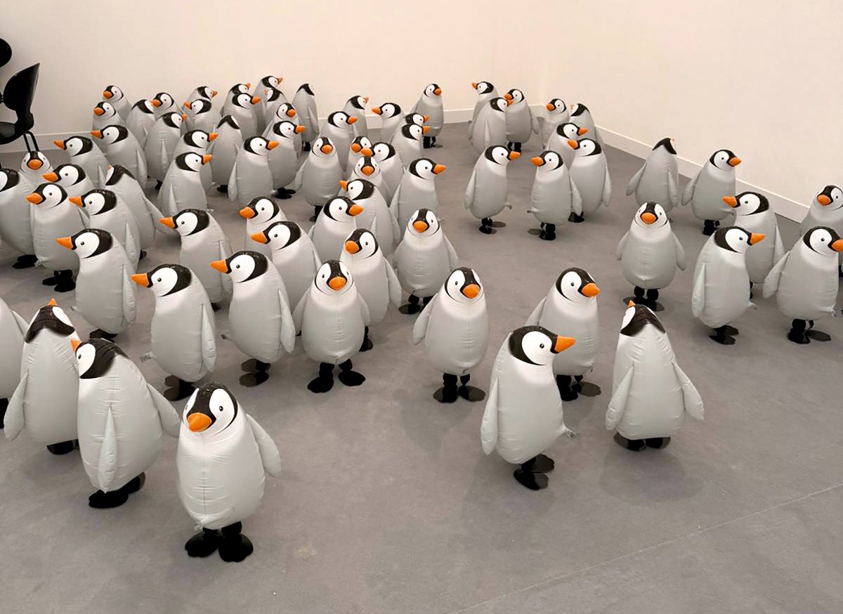 Maybe penguins can fly after all: The birds, Benedikte Bjerre’s installation created with helium foil balloons, is encouraging visitors to Palace Enterprise’s stand to reflect