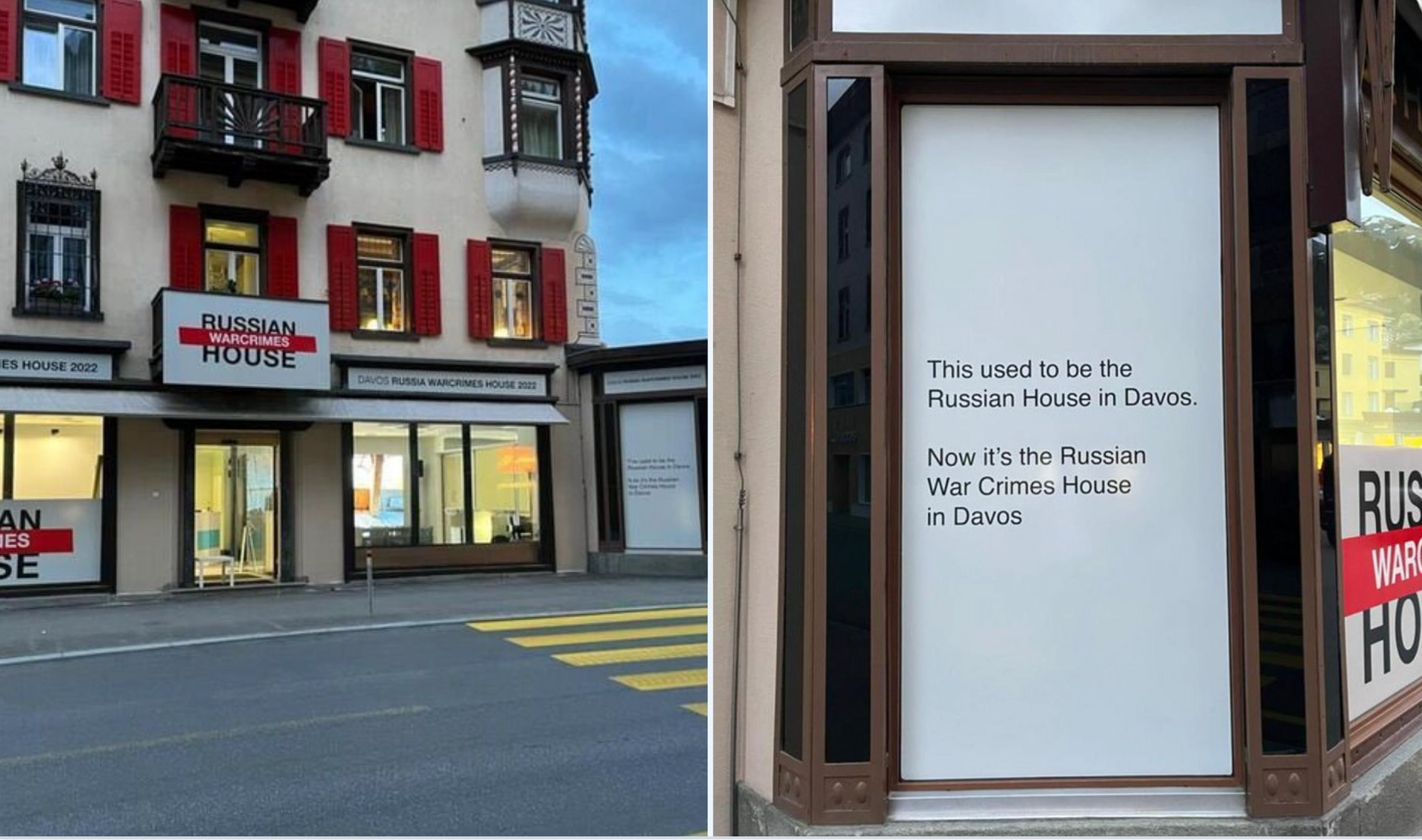 Russia House in Davos has been rented by the Victor Pinchuk Foundation and temporarily transformed into an exhibition on alleged war crimes being committed in Ukraine. Courtesy of Twitter / Anton Gerashchenko