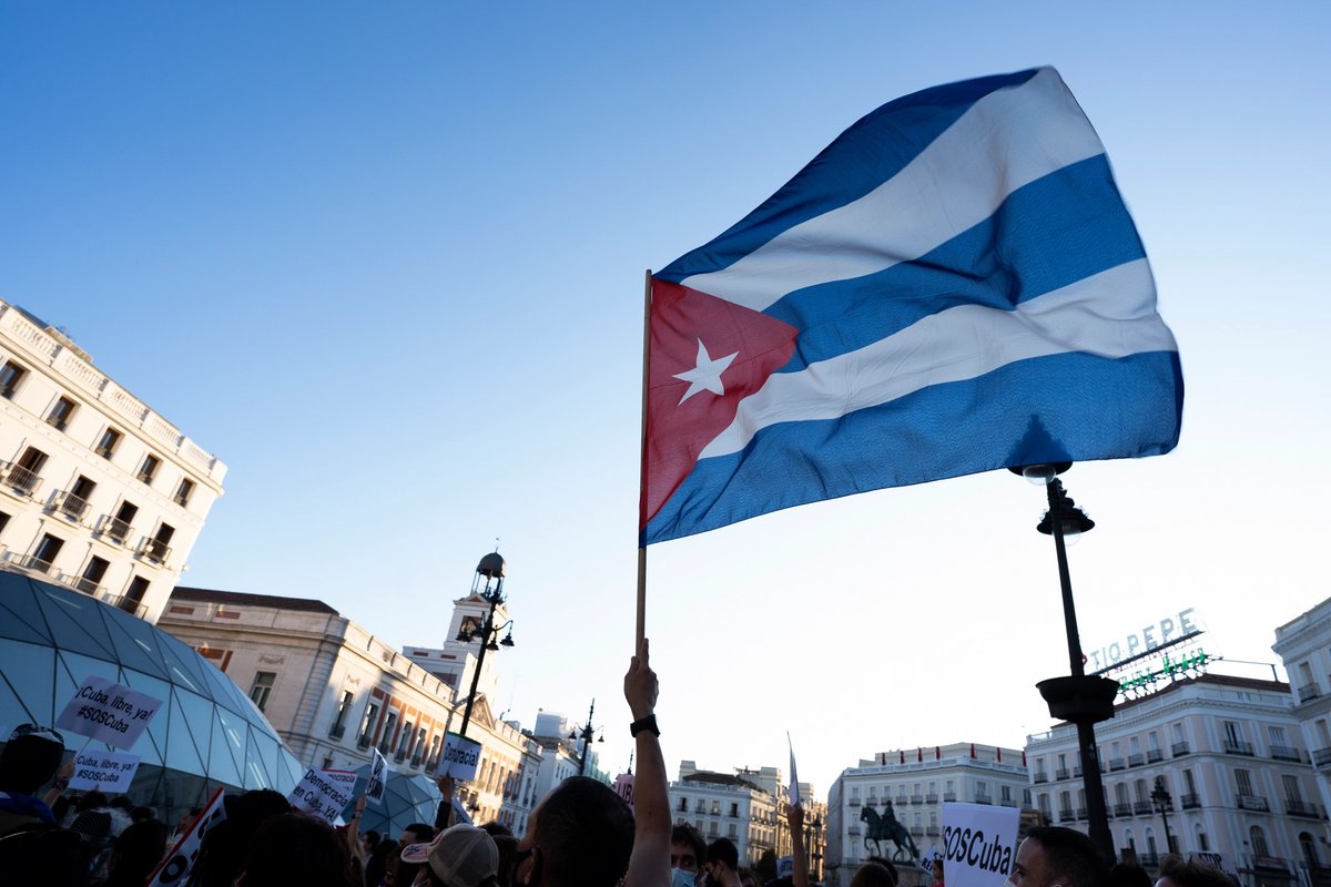 A demonstration in support of the anti-government protests in Cuba, held in front of the Cuban embassy in Spain, on 12 July 2021
Photo: Oscar Gonzalez/NurPhoto via Getty Images