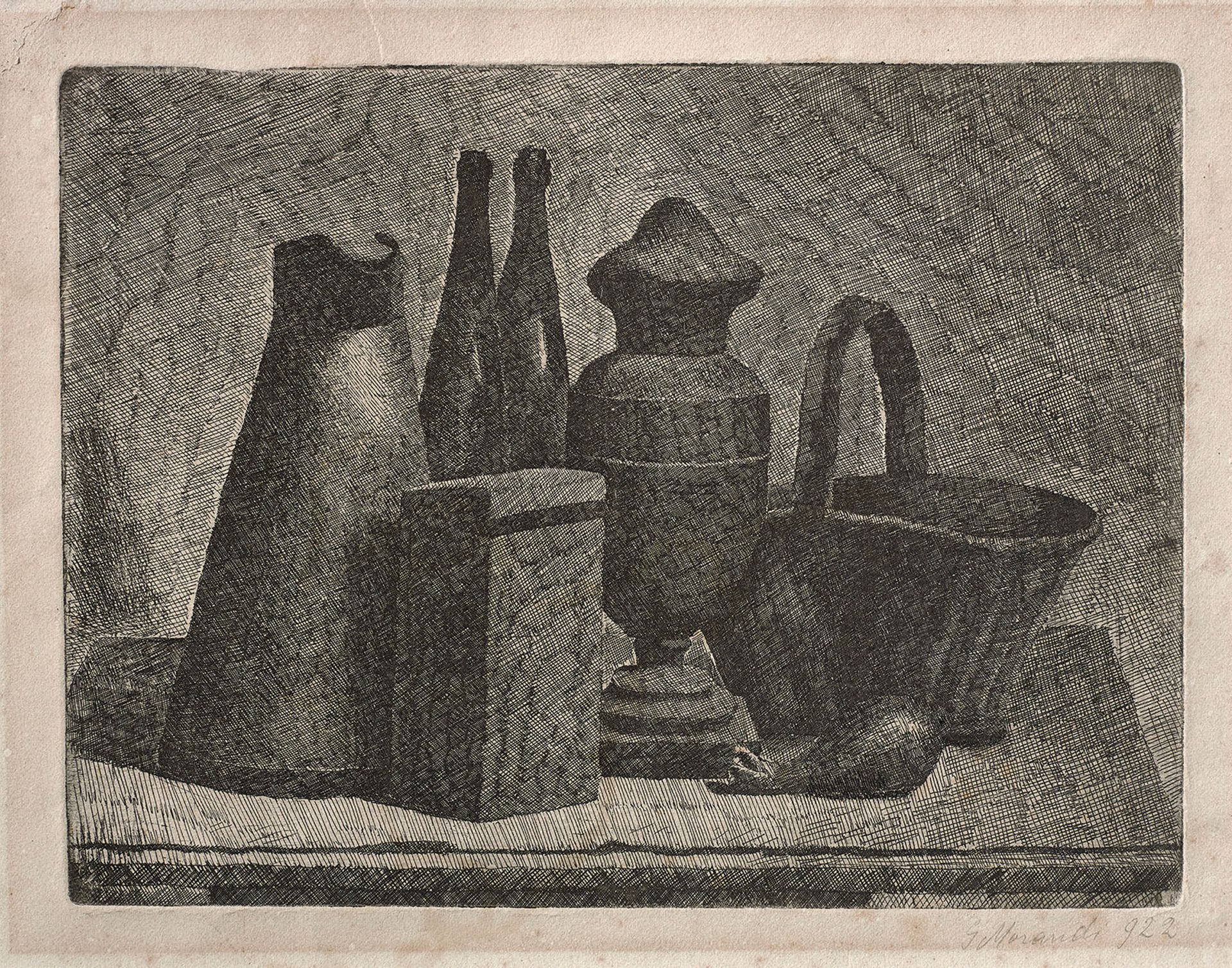 Morandi’s Still Life with Bread Basket (1921) etching is one of the less familiar works in the exhibition Photo © DACS; Fondazione Magnani-Rocca