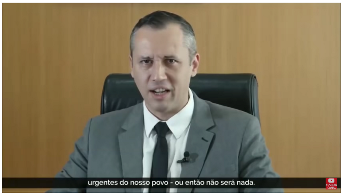 A still from the video posted on the culture ministry's official Twitter account, in which Roberto Alvim echoes the words of Joseph Goebbels