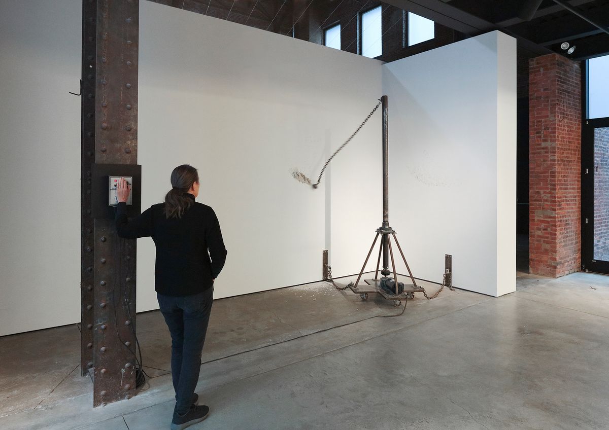 Liz Larner, Corner Basher (1988), installation view, Liz Larner: Don’t put it back like it was, SculptureCenter, New York, 2022 © Liz Larner. Photo: Cathy Carver