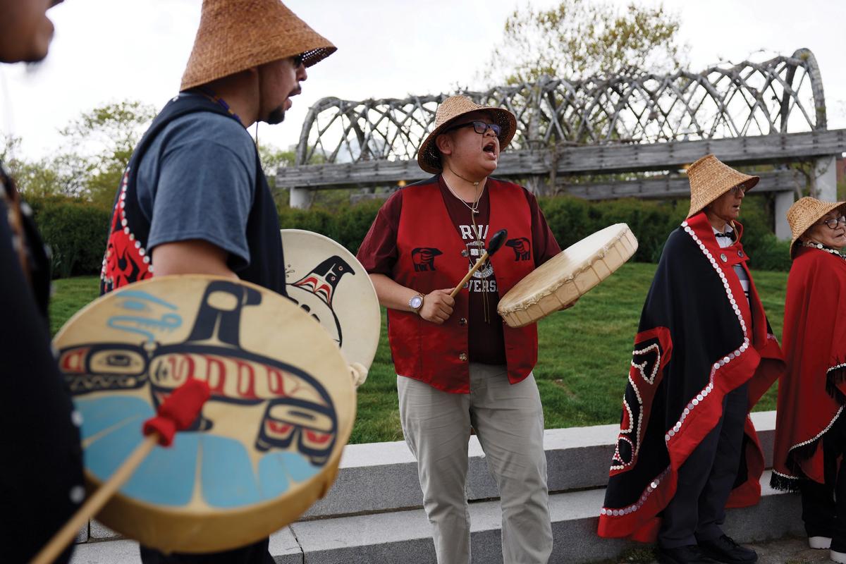 Members of the Gitxaała Nation in western Canada on a visit to Boston to celebrate the return of a totem pole kept for 80 years by the Peabody Museum at Harvard University Jessica Rinaldi/The Boston Globe via Getty Images