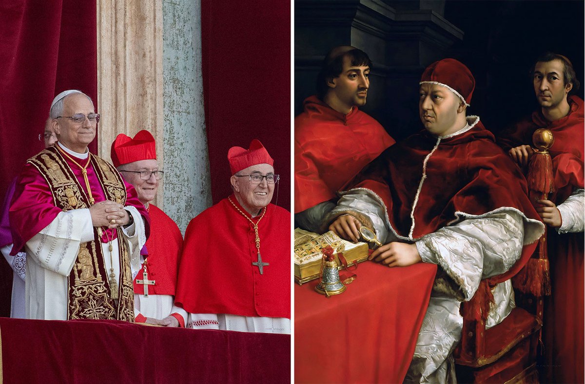 Leo XIV (left) greets the crowds from the balcony of St Peter's Basilica, accompanied by two cardinals, following his election as pope on 8 May. Five centuries earlier Raphael had painted (right) a celebrated group portrait Pope Leo X and cardinals Giulio de' Medici and Luigi de Rossi (1518-20) Leo XIV: Independent Photo Agency Srl / Alamy Stock Photo. Raphael: Uffizi Gallery. Public domain, via Wikimedia Commons