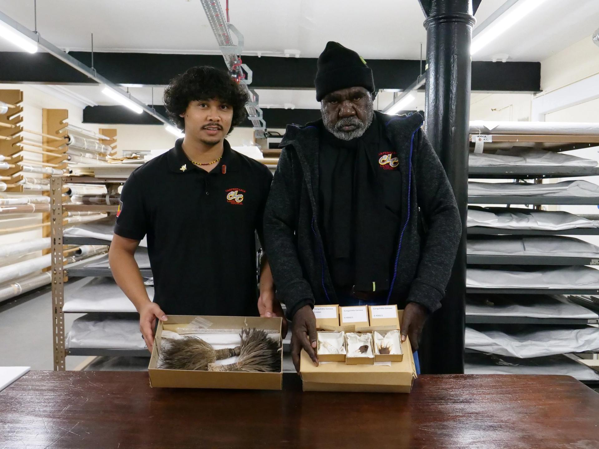 Mangubadijarri Yanner and Donald Bob, from the Gangalidda group, at Manchester Museum with the artefacts that are being repatriated Photo: AIATSIS