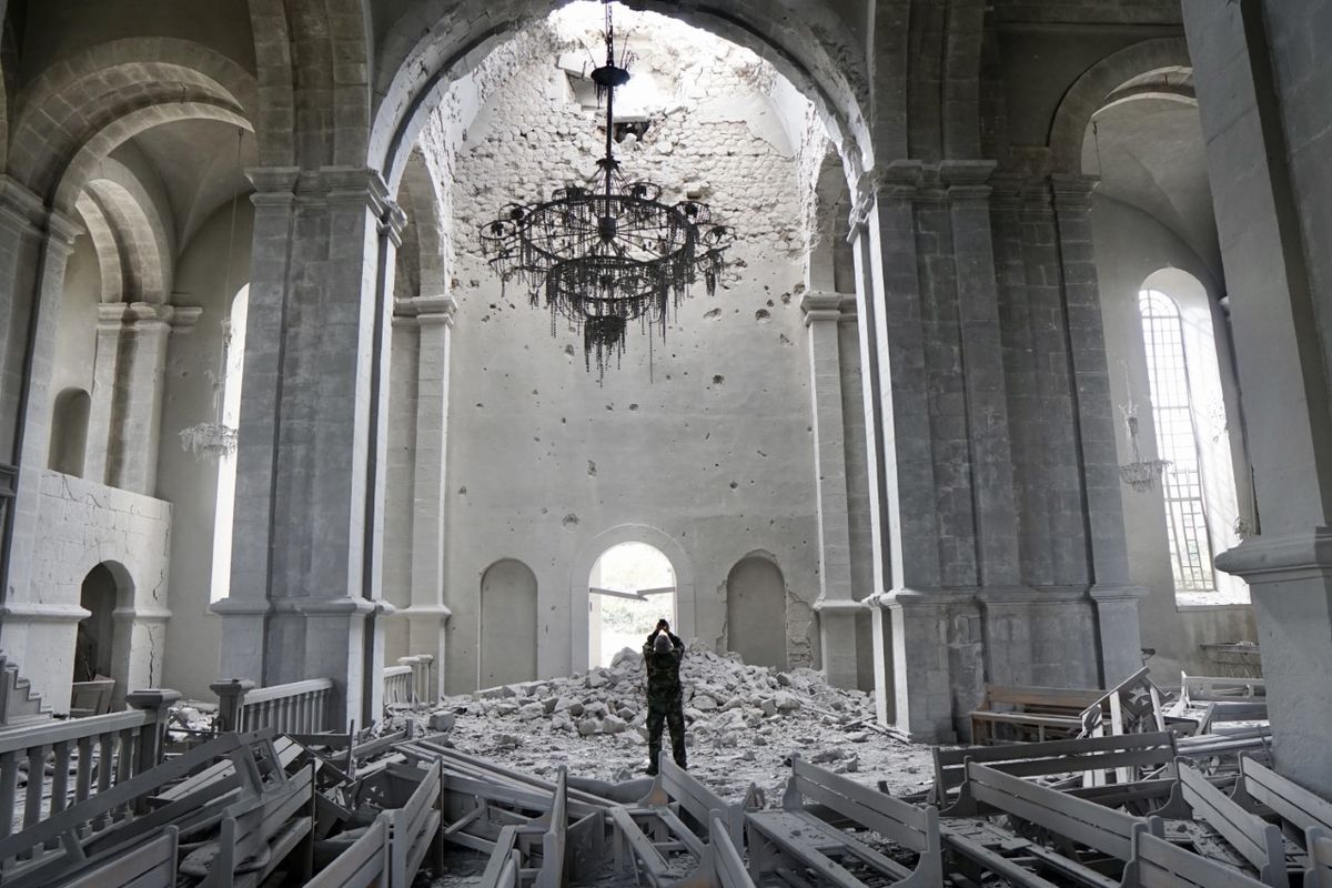 Ghazanchetsots Cathedral in Shusha after it was damaged in the recent conflict © G.Mattu