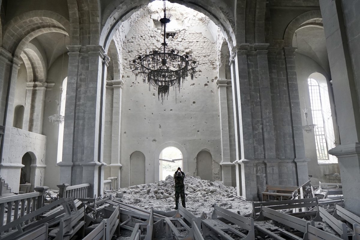 Ghazanchetsots Cathedral in Shusha after it was damaged in the recent conflict © G.Mattu