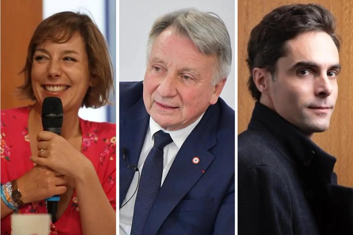 Left to right: Sarah Legrain of the New Popular Front, Roger Chudeau of Rassemblement National and Nicolas Idier of Renaissance