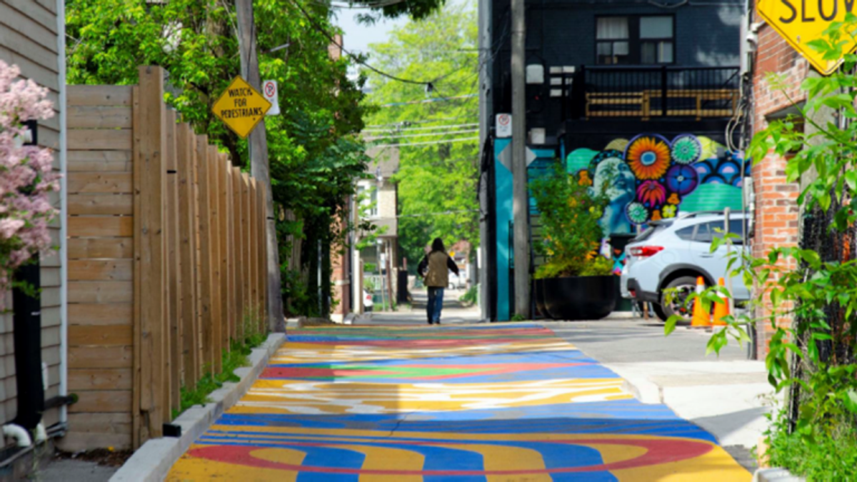 Healing Corridor and Playable Road Mural, by Monica Wickeler, Nyle Miigizi Johnston, and The Laneway Project