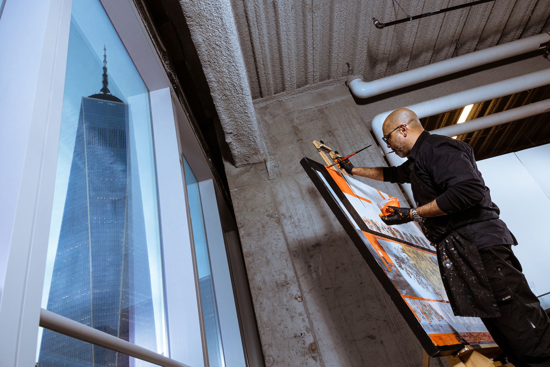 Artist Jared Owens working in his studio at 4 World Trade Center Photo by Josh Katz, courtesy Silver Art Projects