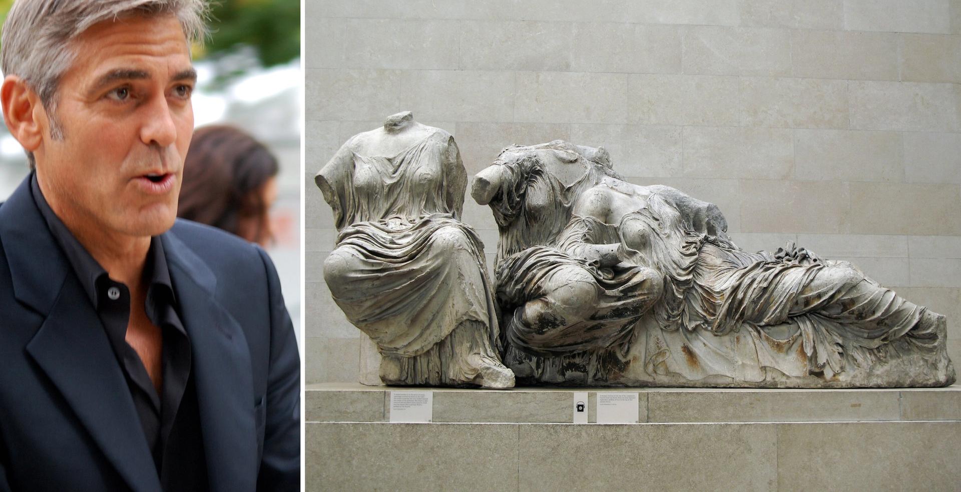 George Clooney first stated that the Parthenon Marbles should be returned to Greece during a trip to Berlin in February 2014 to promote the film The Monuments Men Clooney: Courtney/Flickr; Marbles: Justin Norris/Flickr