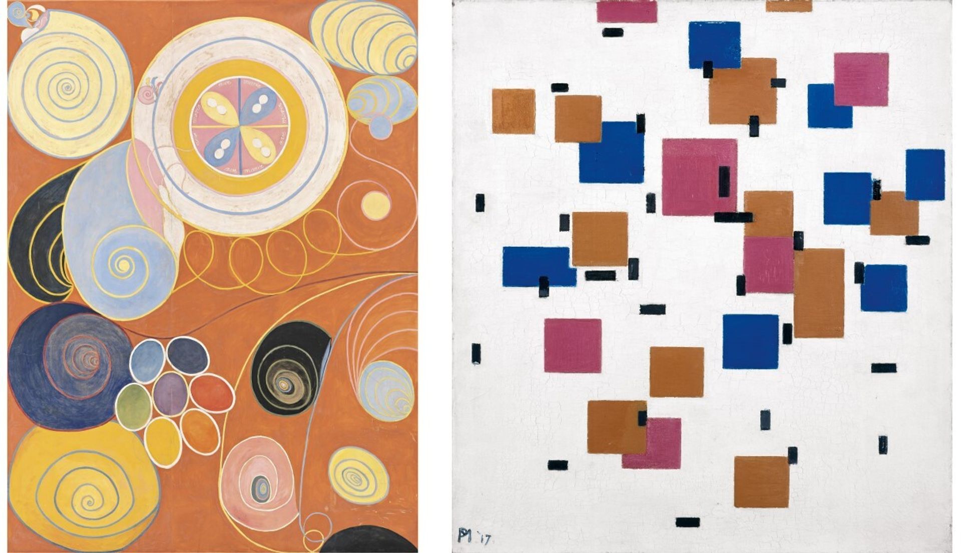 Hilma af Klint,The Ten Largest, Group IV, No. 3, Youth (1907) Courtesy of The Hilma af Klint Foundation [left] and Piet Mondrian, Composition in colour A (1917) Collection Kröller-Müller Museum, Otterlo, the Netherlands [right].