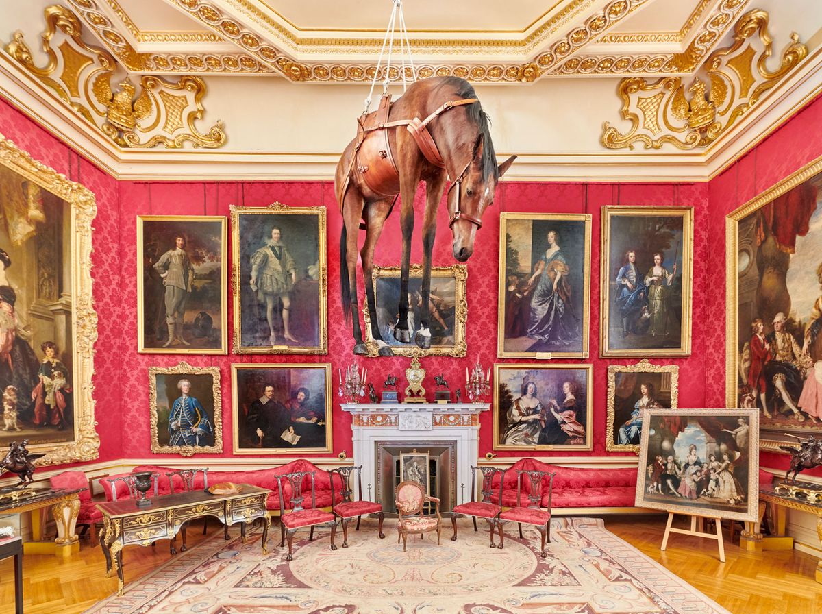 Maurizio Cattelan's Novecento (‘Nine Hundred’, 1997) hangs in Blenheim Place's Red Drawing Room © Tom Lindboe