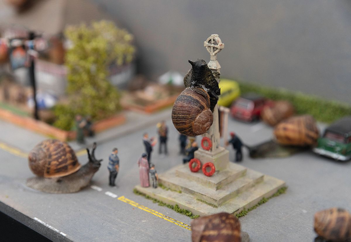 Patrick Goddard, Invasion (2023) at Seveteen Gallery's stand featured 1,000 snails fabricated from steel and attached to the wall with magnets
Photo: David Owens