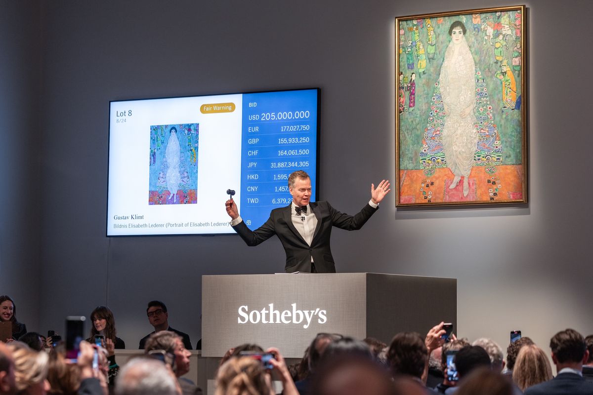 Sotheby's auctioneer Oliver Barker prepares to sell Gustav Klimt's Bildnis Elisabeth Lederer (Portrait of Elisabeth Lederer, 1914-16) for a hammer price of $205m Courtesy Sotheby's