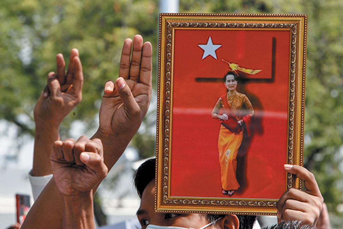 Supporters of Aung San Suu Kyi, leader of the National League for Democracy party, call for her release from Myanmar’s military Alamy stock photo