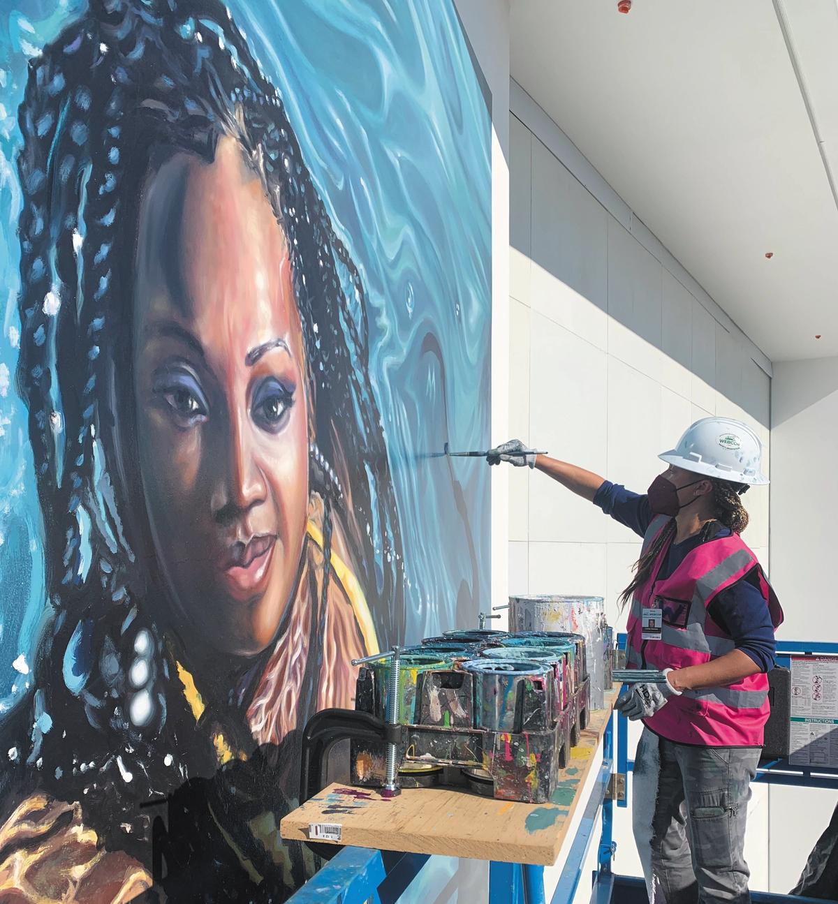 Calida Rawles paintingThe Way of Time (2022) at SoFi Stadium Courtesy the artist and Lehmann Maupin, New York, Hong Kong, Seoul and London; and Various Small Fires, Los Angeles, Seoul and Dallas