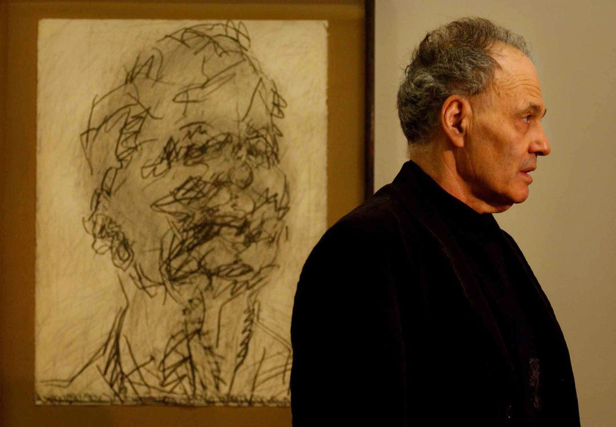 Frank Auerbach at the National Portrait Gallery, London, with a self-portrait, May 2002 Tom Pilston/The Independent/Alamy Stock Photo

