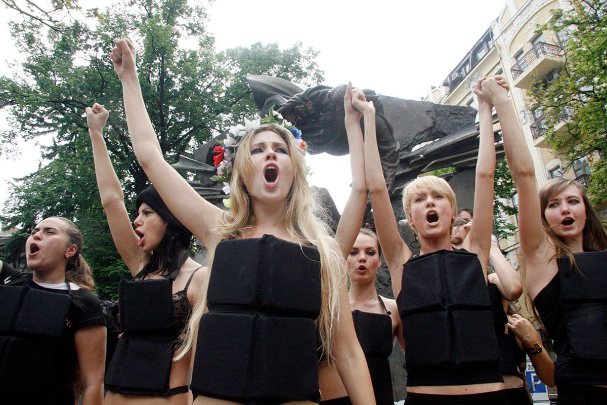 Iana Zhdanova is part of the Ukrainian activist group Femen, seen here protesting in Kiev in 2010 Photo: FEMEN/Yaroslav Debelyi