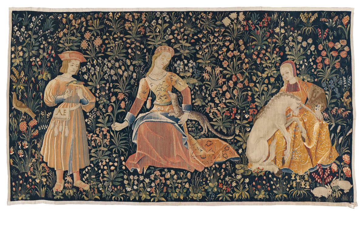 A mille-fleurs tapestry of The Lady and the Unicorn (around 1500) was the top lot of the sale © Christie's