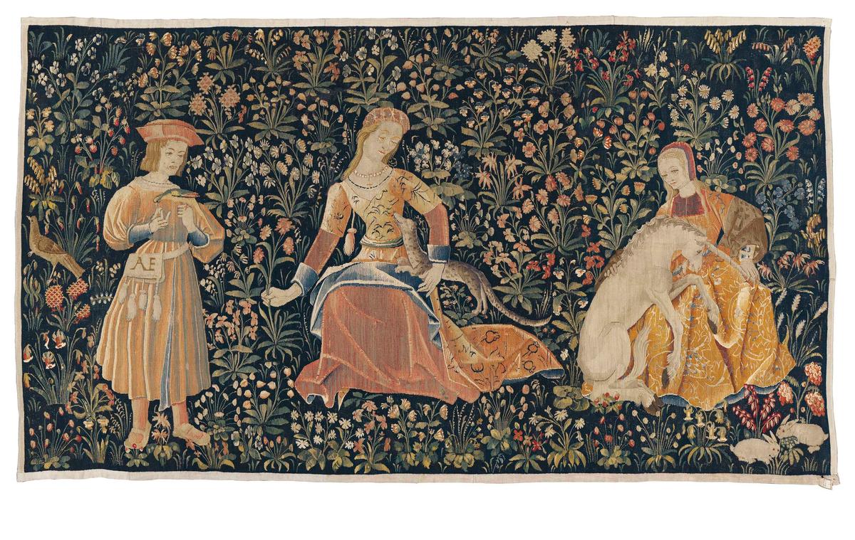 A mille-fleurs tapestry of The Lady and the Unicorn (around 1500) was the top lot of the sale © Christie's
