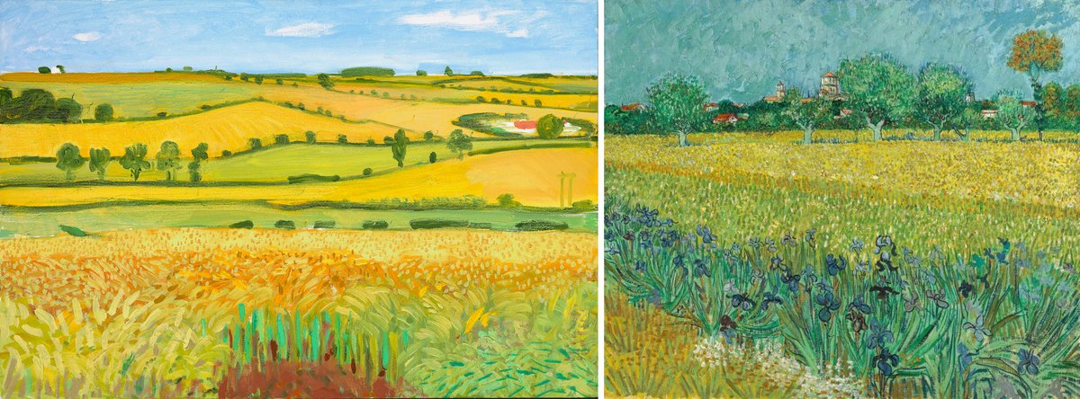 David Hockney’s Woldgate Vista, 27 July 2005 (left) and Vincent van Gogh’s Field with Irises near Arles (1888, right) David Hockney Inc © David Hockney, photo: Richard Schmidt; and Van Gogh Museum, Amsterdam (Vincent van Gogh Foundation)