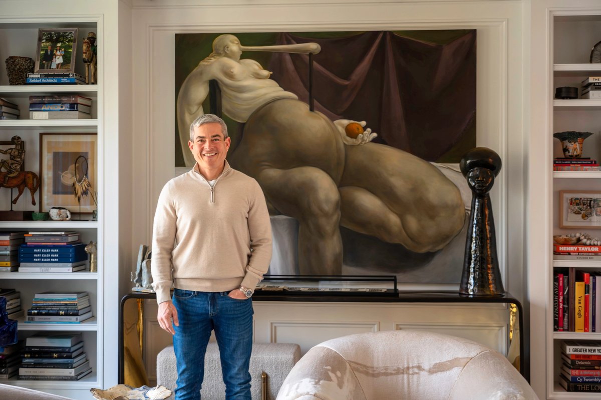 Pete Scantland's collection includes Louise Bonnet's painting Figure Holding an Orange (2023) and Simone Leigh's sculpture Stretch (BLACK)  (2020) Chyna Carter