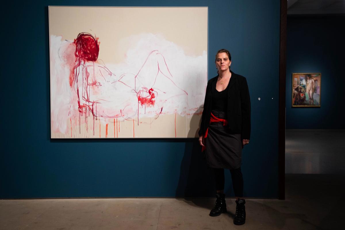 Tracey Emin in front of This is life without you - You made me Feel Like This (2018), on display at the Royal Academy of Arts, London, 7 December 2020-28 February 2021 Loan courtesy of Collection Majudia © Tracey Emin. All rights reserved, DACS 2020. Photo: © David Parry
